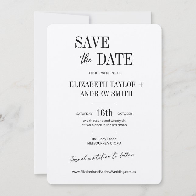 Elegante klassische Schwarz-Weiß-Hochzeit speicher Save The Date (Vorderseite)