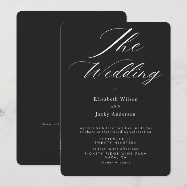 Elegante klassische schwarz-weiße QR-Code-Hochzeit Einladung (Vorne/Hinten)