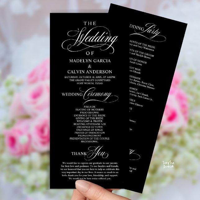 Elegante klassische schwarze weiße Hochzeitszeremo Programm (Elegant Classy Gold Script Wedding Ceremony Order Program Card in Black and White)