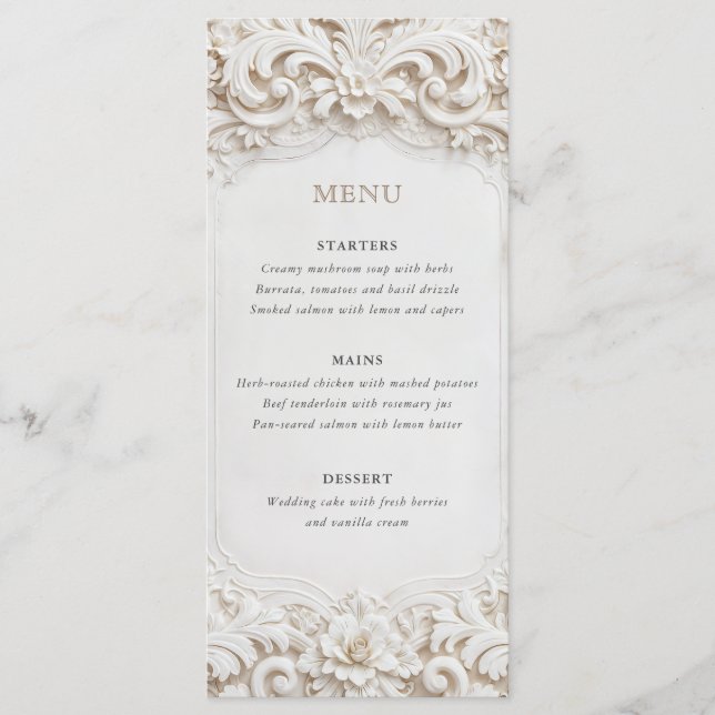 Elegante klassische weiße Barockrahmen-Hochzeit Menükarte (Vorderseite)