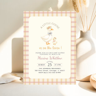 Elegante kleine Gans-Schleife-Gingham-Baby-Party Einladung