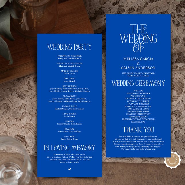 Elegante kobaltblaue typografische Hochzeitsprogra Programm (Elegant Cobalt Blue Typography Modern Romantic Wedding Program Card)