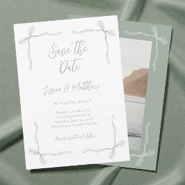 Elegante Kokette Salbei Grün Schleife Foto Hochzei Save The Date