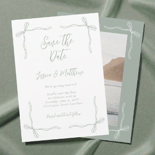 Elegante Kokette Salbei Grün Schleife Foto Hochzei Save The Date