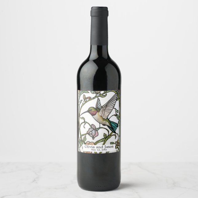 Elegante Kolibri-Kunst botanisch boho chic Weinetikett (Vorderseite)