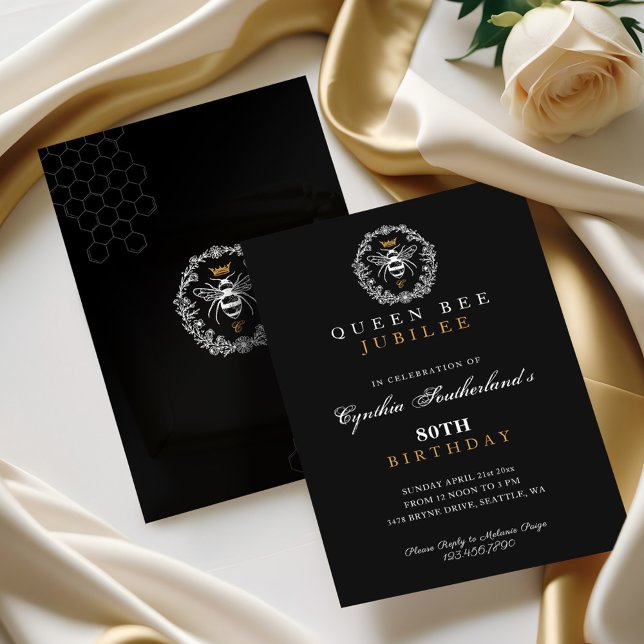 Elegante Königin Bee Jubilee Black & Gold Geburtst Einladung (Elegant Queen Bee Jubilee Black & Gold Birthday Invitation)