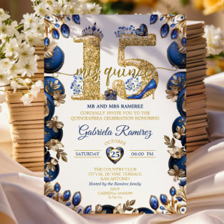 Elegante königliche blaue goldene Tiara Mis Quince Einladung