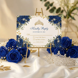 Elegante königliche blaue Rosen Goldene Quinceañer RSVP Karte