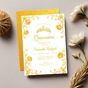 Elegante königliche goldene florale Quinceañera Einladung