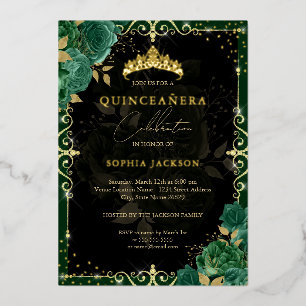 Elegante königliche Smaragd-Gold-Rose Quinceanera Folieneinladung