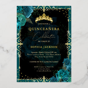 Elegante königliche Teal-Gold-Rose Quinceanera Folieneinladung