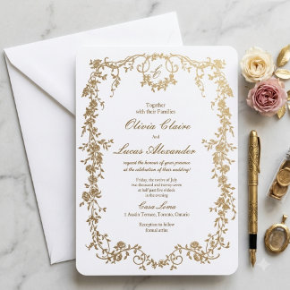 Elegante königliche weiße und goldene Hochzeit mit Einladung