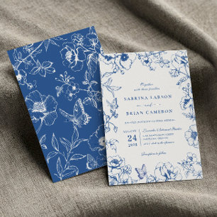 Elegante königsblaue florale Gartenhochzeit Einladung