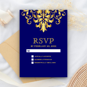 Elegante königsblaue goldene Damast-Hochzeit RSVP Karte