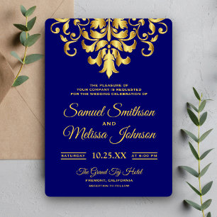 Elegante königsblaue goldene Damast-Hochzeitseinla Einladung