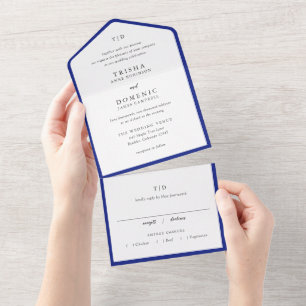 Elegante königsblaue moderne Hochzeitsmonogramm All In One Einladung