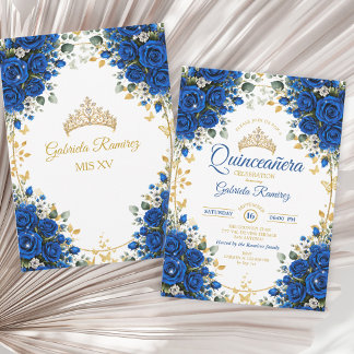 Elegante königsblaue Rosen goldene Quinceañera Einladung