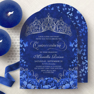 Elegante königsblaue Schmetterlingskrone Quinceane Einladung