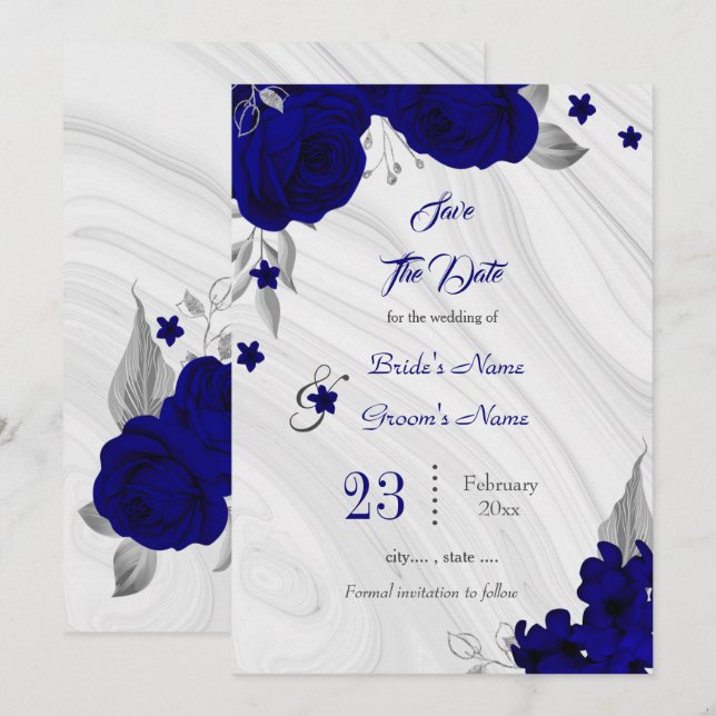 elegante königsblaue silbergraue Blüte Save The Date (Vorne/Hinten)