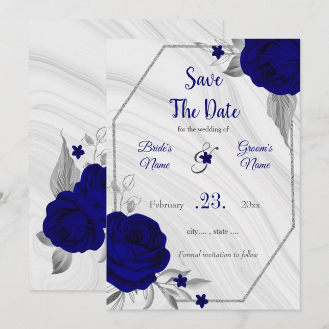elegante königsblaue silbergraue Blüte Save The Date (Vorne/Hinten)