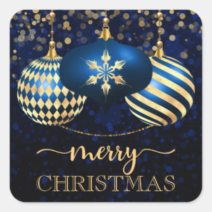 Elegante königsblaue und goldene Christbaumkugeln Quadratischer Aufkleber