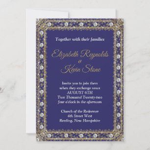 Elegante königsblaue und goldene Hochzeitseinladun Einladung