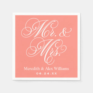 Elegante Koralle Mr und Mrs Skript Hochzeit Serviette