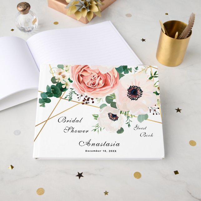 Elegante Korallen Blume Brautparty Blütenstaub Gästebuch (Vorderseite Offen)