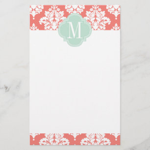 Elegante Korallen Damask Personalisiert Briefpapier