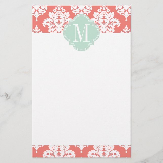 Elegante Korallen Damask Personalisiert Briefpapier (Vorderseite)
