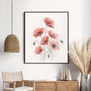 Elegante Korallen-Mohnblumen Botanische Blumenkuns Poster