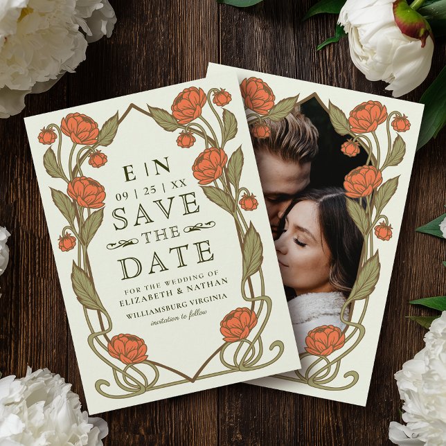 Elegante Korallen-Pfingstrose Art Nouveau Florale  Save The Date (Von Creator hochgeladen)