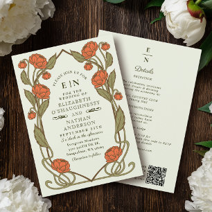 Elegante Korallen-Pfingstrose Art Nouveau QR-Code  Einladung