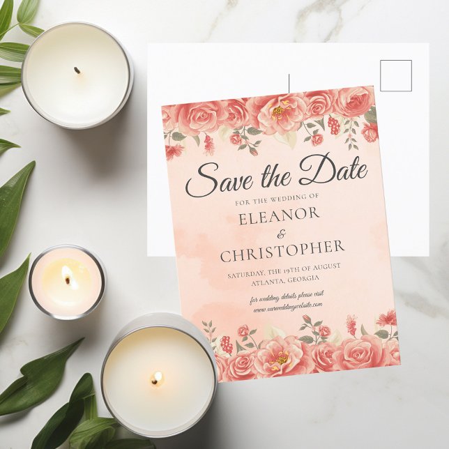 Elegante Korallen Rose Aquarell Peach Floral Ankündigungspostkarte (Von Creator hochgeladen)