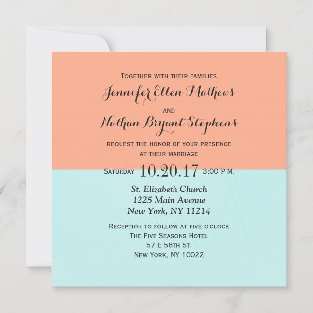 Elegante Korallen und Minze Grün zwei Tone Farbe S Einladung (Vorderseite)