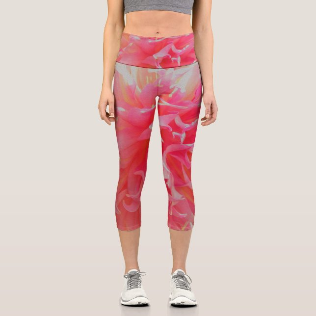 Elegante Korallen und rosa Dekorative Dahlia Capri Leggings (Vorderseite)