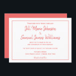 Elegante Korallen und Weiß Elegance Einladung<br><div class="desc">Eine schöne Hochzeitseinladung in diesem Design verfügt über Korallen-Schriftart auf einem weißen Hintergrund in der Vorderseite. Der Rücken hat Korallenfarbe. Verwenden Sie die Vorlagen,  um Informationen einzufügen. Bestellen Sie noch heute Ihre Hochzeitseinladungen!</div>