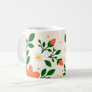 Elegante Korallen- und weiße Blumen mit grünem Lau Kaffeetasse