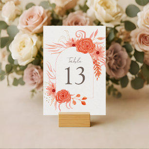 Elegante Korallenblumen-Terrakotta-Hochzeit Tischnummer