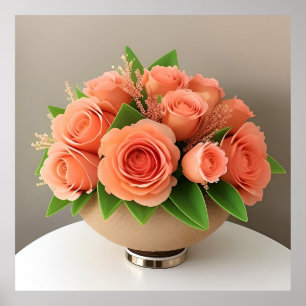 Elegante Korallenrosen in Glasflasche auf Tisch Poster