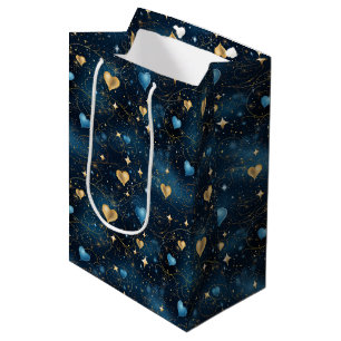 Elegante kosmische Herzen in Blau und Gold Mittlere Geschenktüte