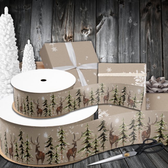 Elegante Kraft Winterwaldraupenraupe 3" Ripsband (Rustic Kraft Winter Woodland Forest Reindeer Grosgrain Ribbon In 1.5 & 3 Inch Widths)