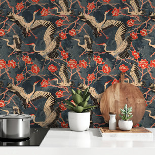Elegante Krane und rote Blüten Tapete