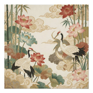 Elegante Kraniche Lotus Bambus Orient Szenario Poster