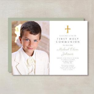 Elegante Kreuz-Foto in Salbeigrün für Jungen zur E Einladung