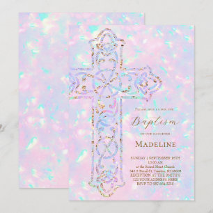 elegante Kreuz Opal Taufe Einladung