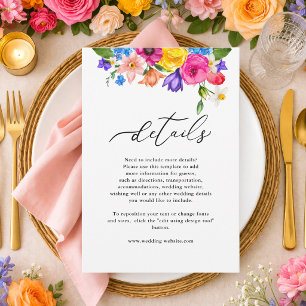 Elegante kühne bunte Blumen-Hochzeitsdetails Begleitkarte