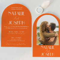 Elegante kühne orange Retro-Foto-Bogenhochzeit
