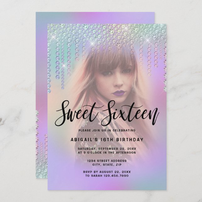 Elegante Küken Diamant Tropfen lila 16 . Geburtsta Einladung (Vorne/Hinten)