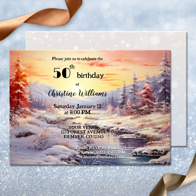 Elegante künstlerische Erwachsenenbildung Winter G Einladung (Adult birthday invitation featuring a watercolor painting of a winter wonderland at sunset)
